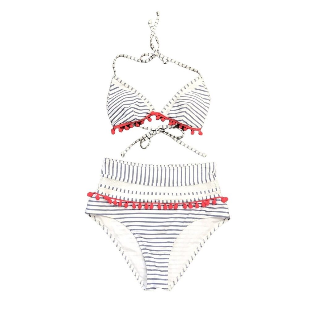 Coco Ship 10 High Waisted String Bikini Swimsuit Gray White Striped Pink Pom Pom